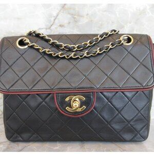 Authentic CHANEL Vintage 1980s Bicolor black red 24k gold lambskin shoulder bag